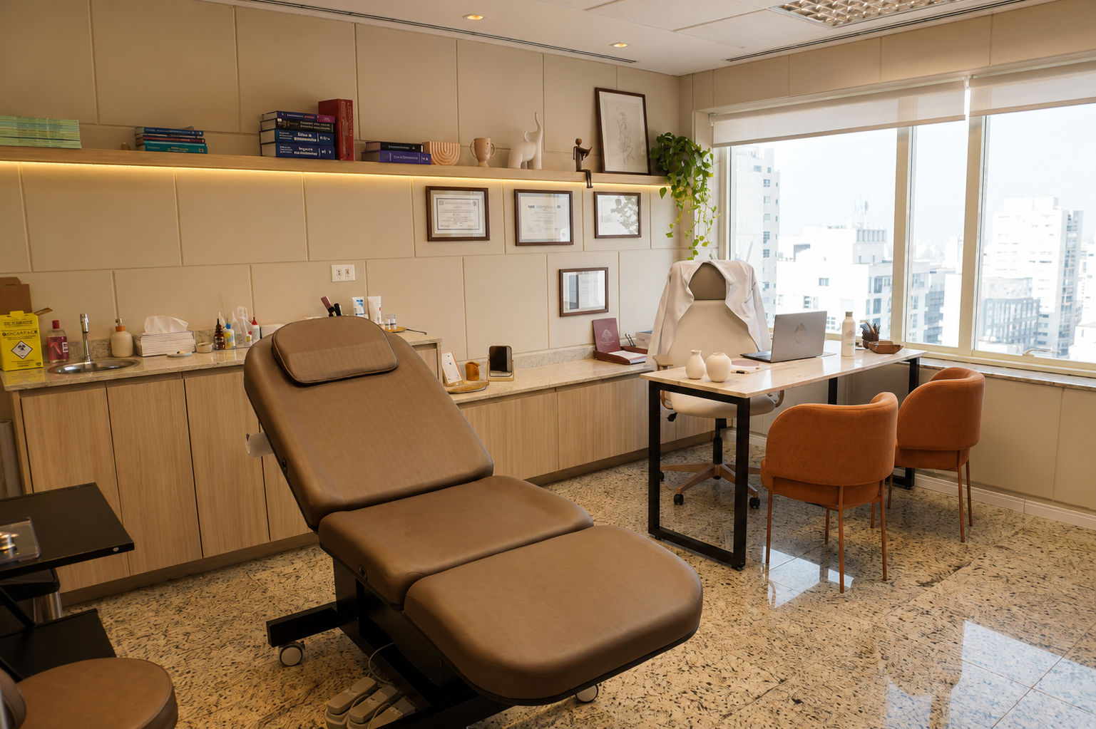 Consultório com maca clínica, luz natural e vista da cidade de São Paulo